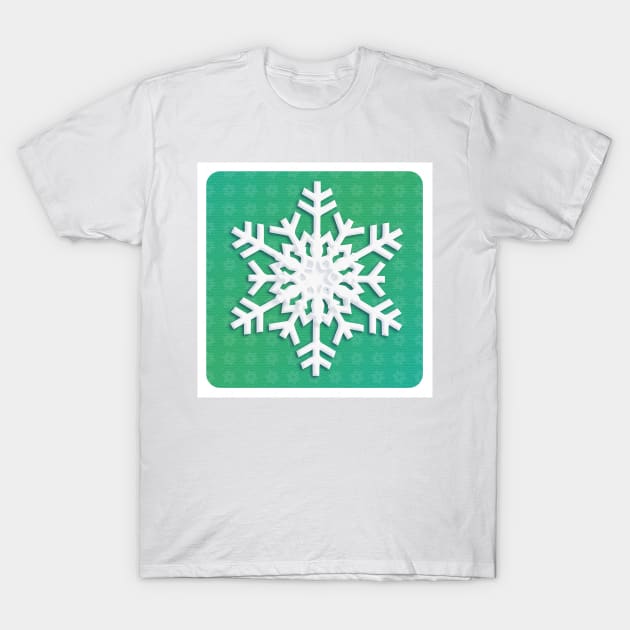 Snowflake Winter Holiday Christmas Kids Party Decoration. White Snowflake on green christmas tree background. T-Shirt by sofiartmedia